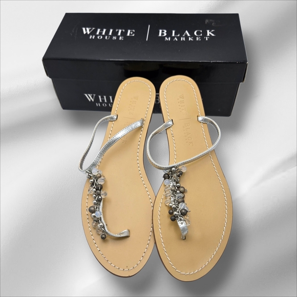 EUC White House Black Market Allison Silver Sandals Bead Embellishments - Picture 1 of 8